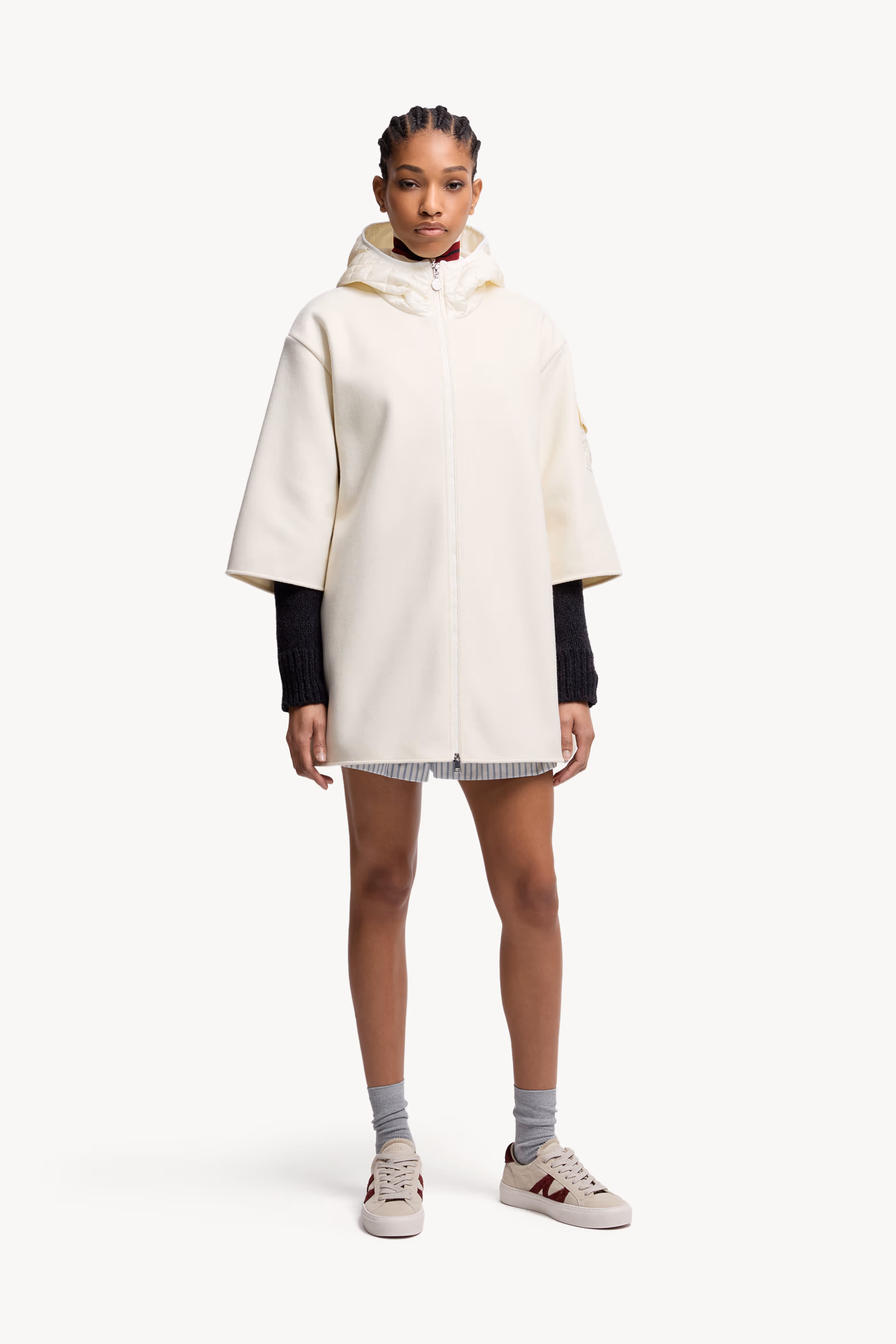 Wool Hooded Zip-Up Cape Women White Ivory Moncler 3